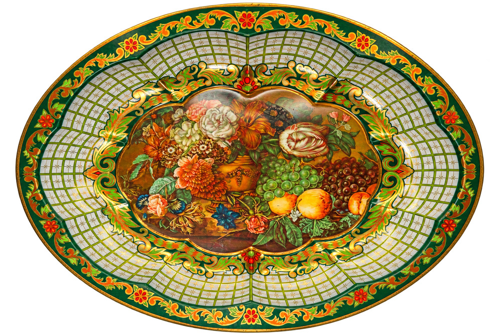Vintage Daher Decorated Ware Tin Tray Green Gold Platter Still Life Fruit
